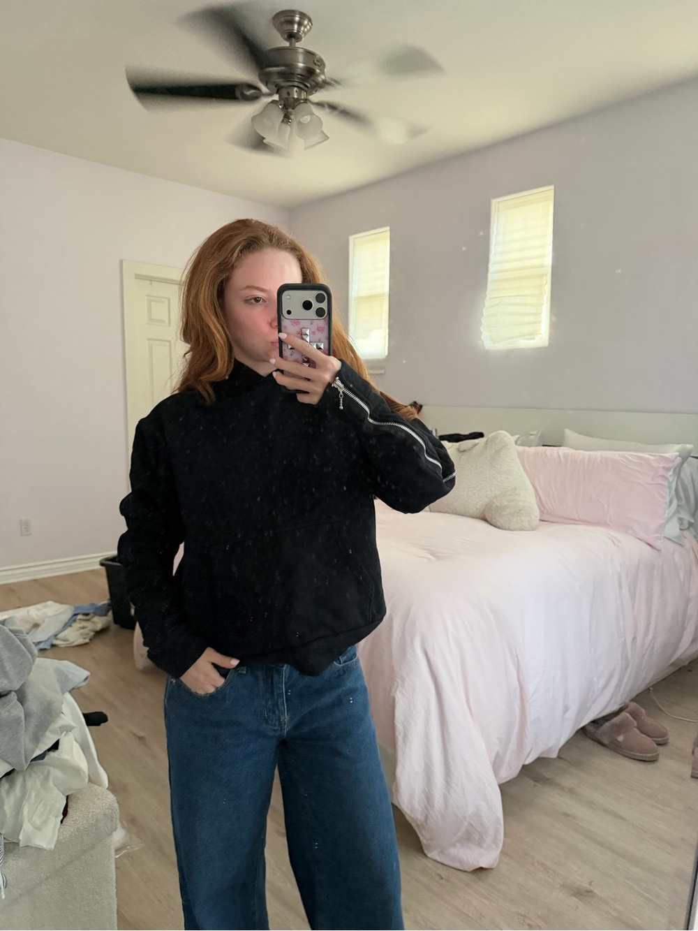 Women's Black Hooded Sweatshirt with Sleeve Stripe